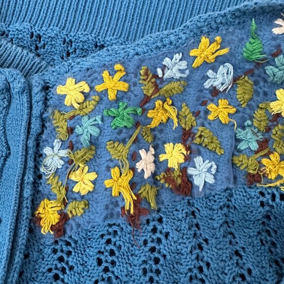 Anthropologie Guinevere Crochet Knit Cardigan V Neck Floral Embroidered Boho Blu - Picture 7 of 11